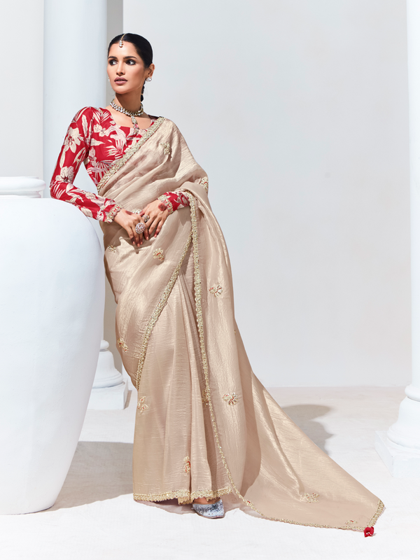 Champagne Beige Embroidered Designer Tissue Silk Saree