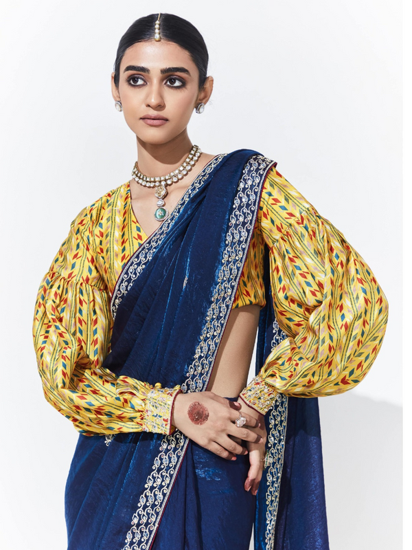 Royal Blue Embroidered Designer Satin Silk Saree