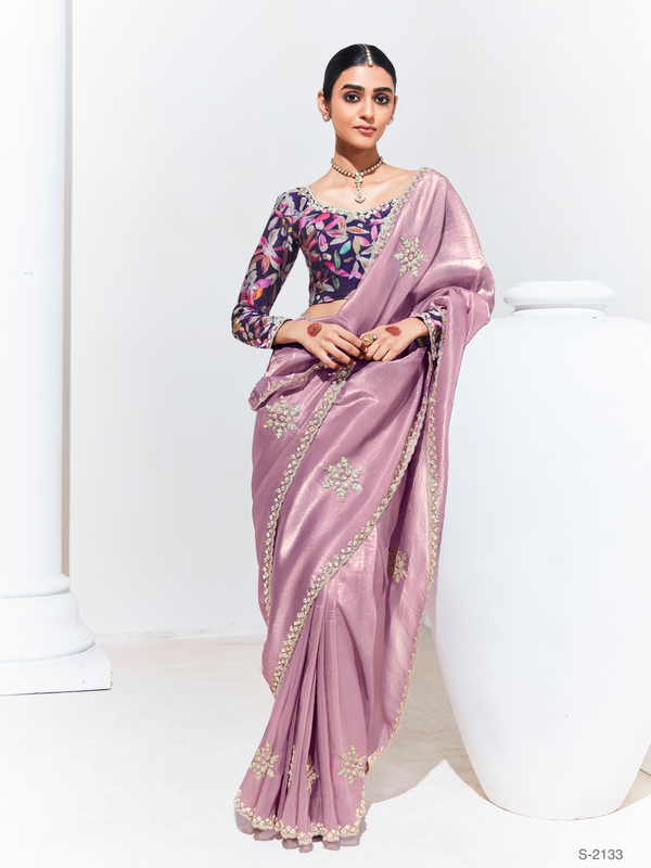Mauve Pink Embroidered Designer Tissue Silk Saree