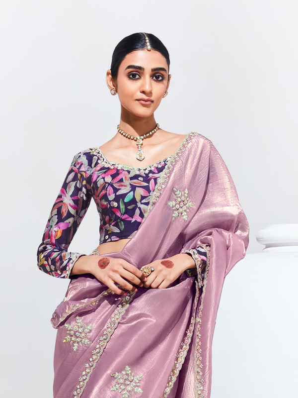 Mauve Pink Embroidered Designer Tissue Silk Saree