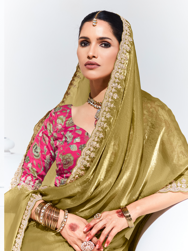Olive Green Embroidered Designer Tissue Silk Saree