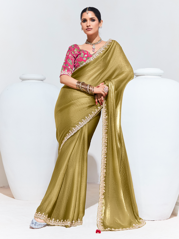 Olive Green Embroidered Designer Tissue Silk Saree