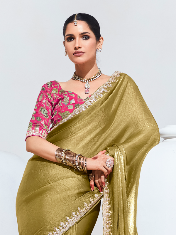 Olive Green Embroidered Designer Tissue Silk Saree