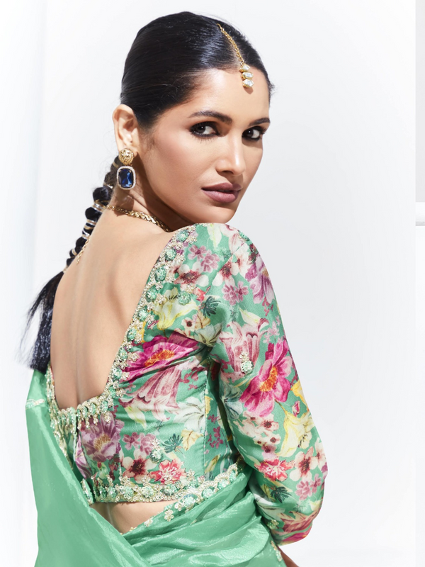 Sea Green Embroidered Designer Organza Silk Saree