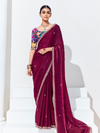 Deep Wine Embroidered Designer Satin Silk Saree