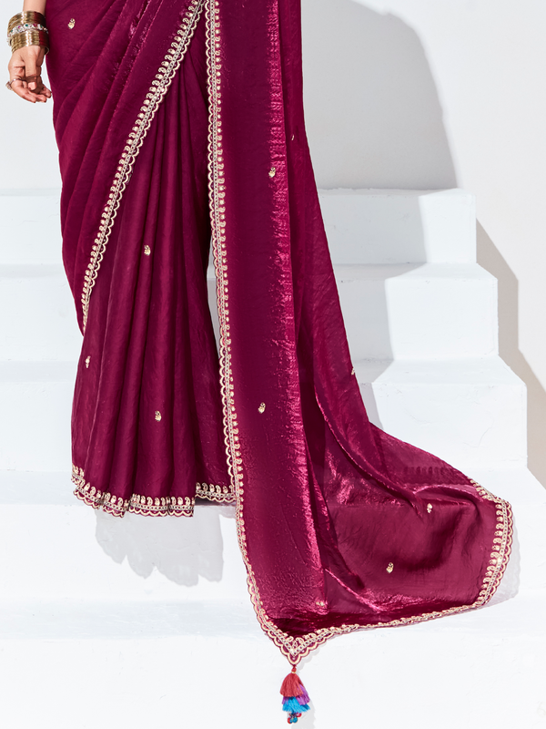 Deep Wine Embroidered Designer Satin Silk Saree