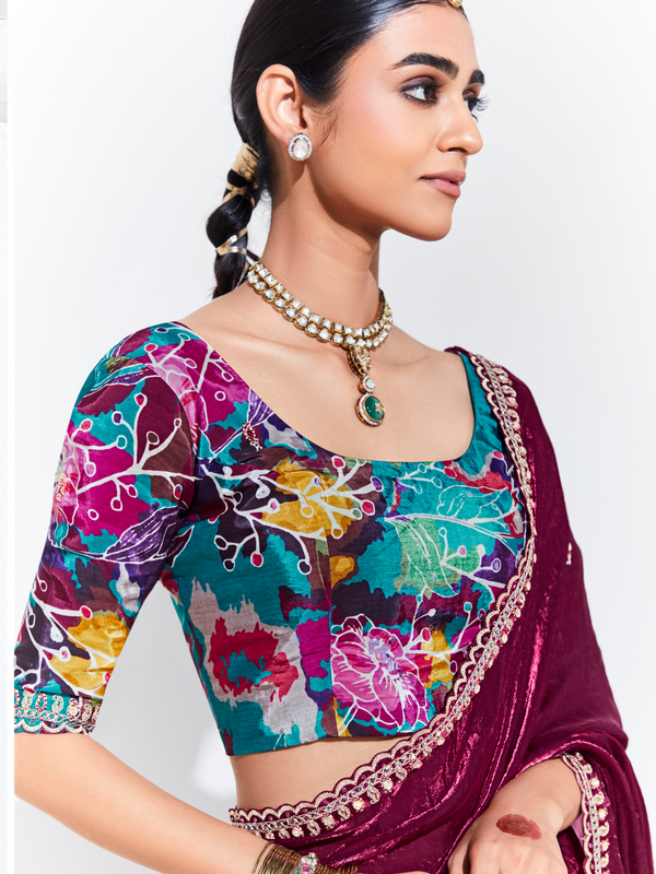 Deep Wine Embroidered Designer Satin Silk Saree