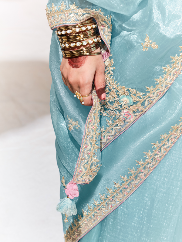 Powder Blue Embroidered Designer Tissue Silk Saree