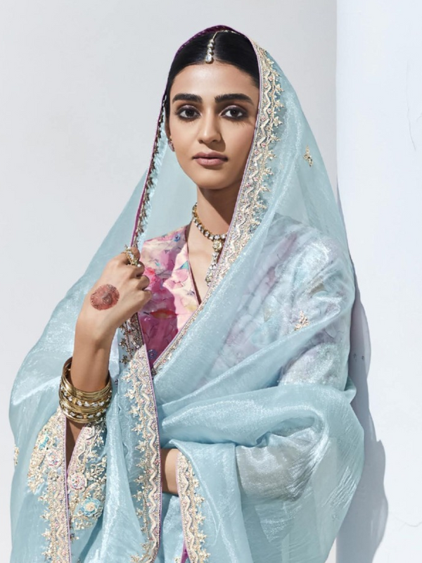 Powder Blue Embroidered Designer Tissue Silk Saree