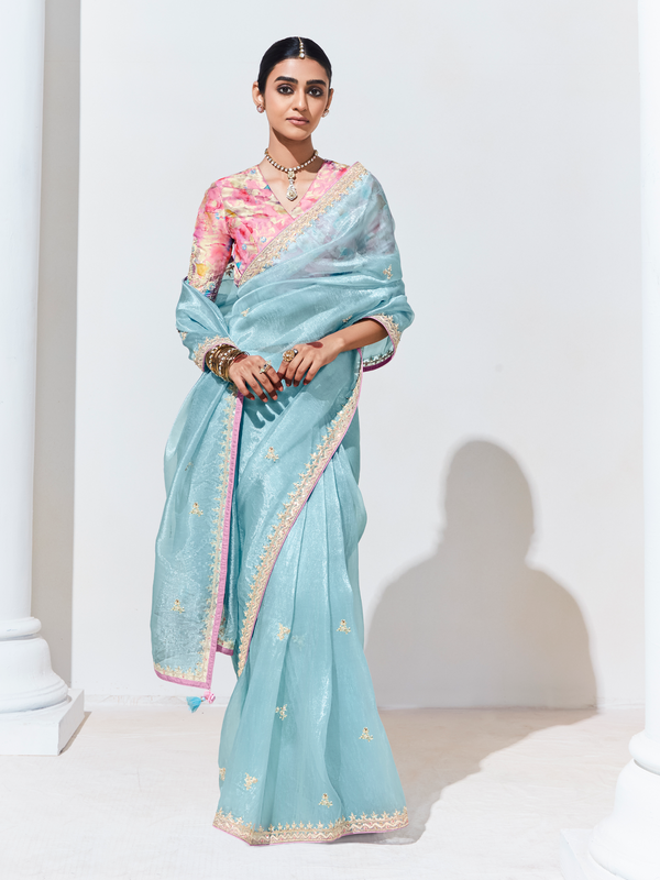 Powder Blue Embroidered Designer Tissue Silk Saree