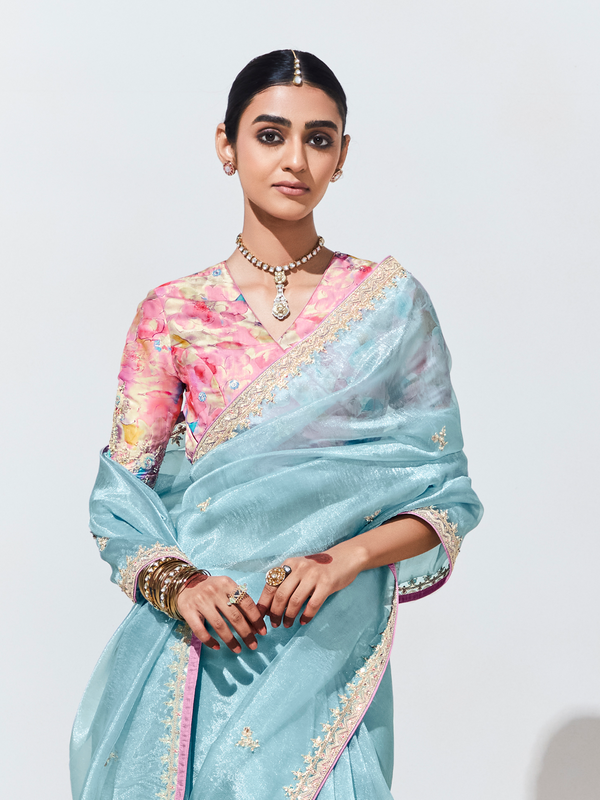 Powder Blue Embroidered Designer Tissue Silk Saree