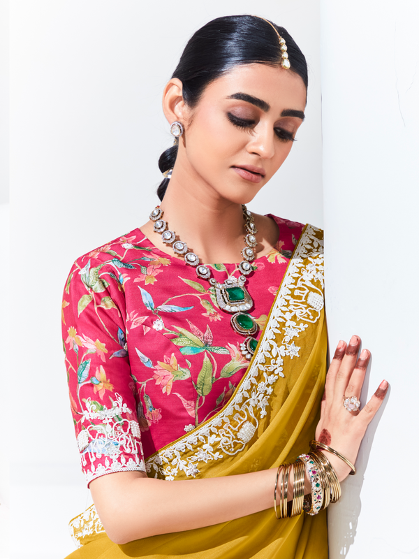 Mustard Yellow Embroidered Designer Georgette Saree