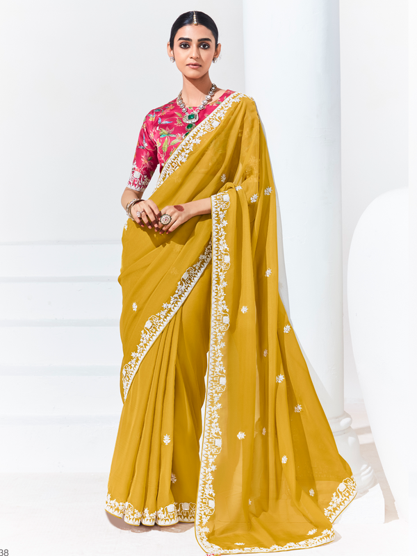 Mustard Yellow Embroidered Designer Georgette Saree