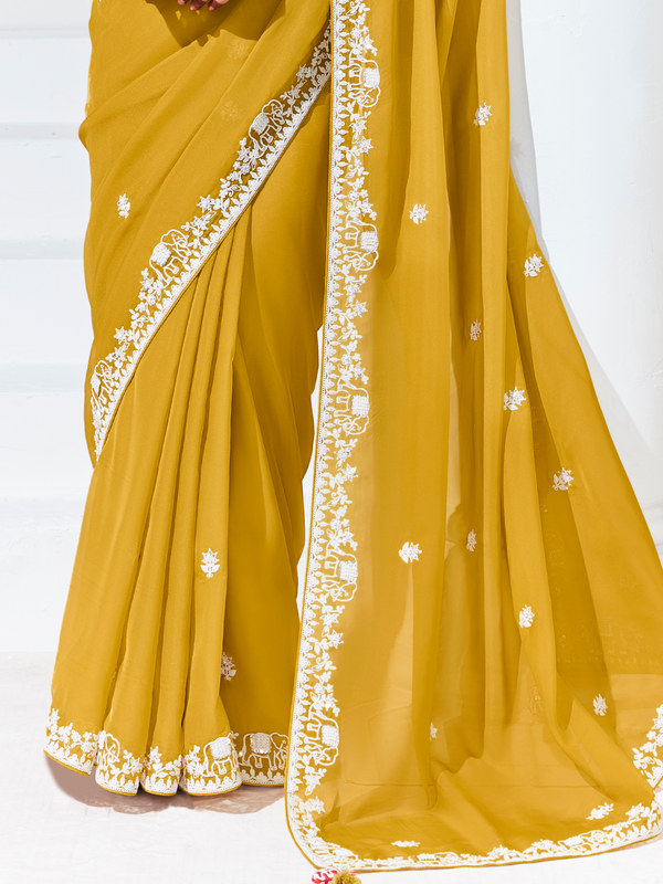 Mustard Yellow Embroidered Designer Georgette Saree