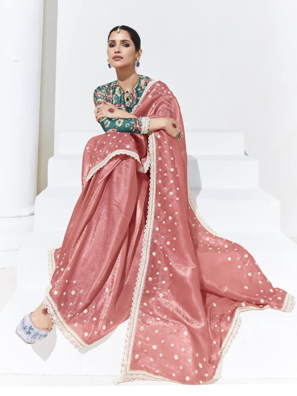 Rose Pink Embroidered Designer Satin Silk Saree