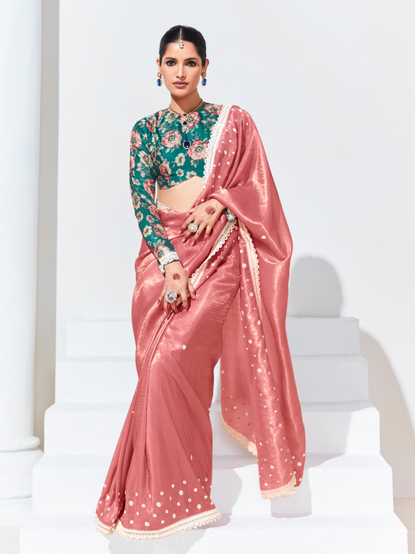 Rose Pink Embroidered Designer Satin Silk Saree