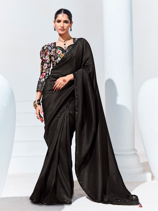 Midnight Black Embroidered Designer Georgette Saree