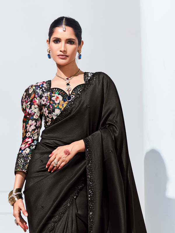Midnight Black Embroidered Designer Georgette Saree