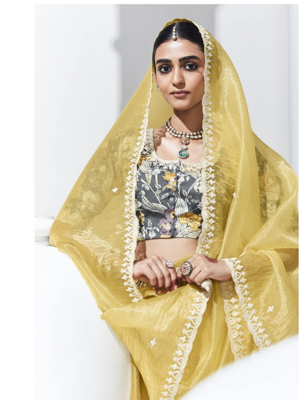 Lemon Yellow Embroidered Designer Tissue Silk Saree With Contrast Blouse