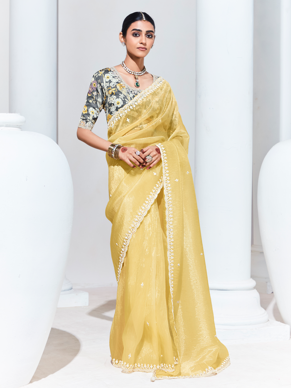 Lemon Yellow Embroidered Designer Tissue Silk Saree With Contrast Blouse
