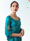 Peacock Teal Embroidered Designer Satin Silk Saree
