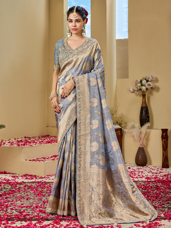 Grey Blue Banarasi Tissue Silk Saree