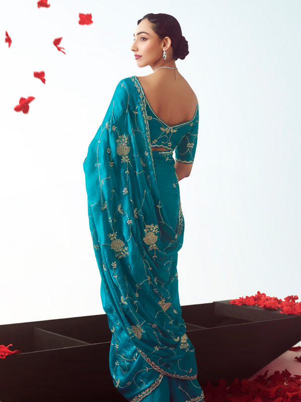 Peacock Teal Embroidered Designer Satin Silk Saree