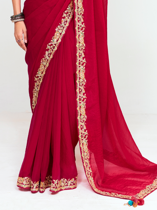 Crimson Red Georgette Silk Saree With Contrast Blouse