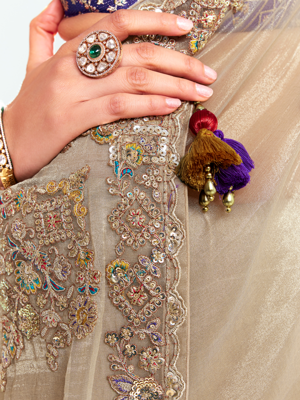 Champagne Gold Tissue Silk Saree With Contrast Blouse