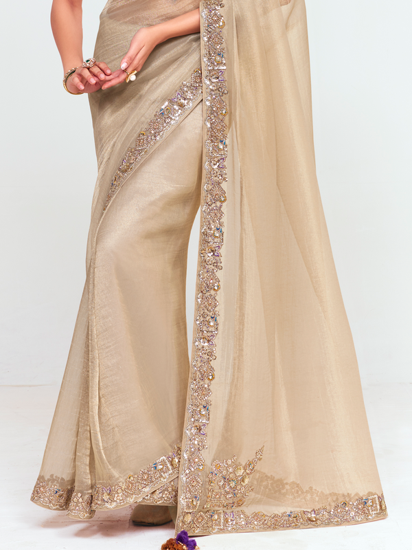 Champagne Gold Tissue Silk Saree With Contrast Blouse