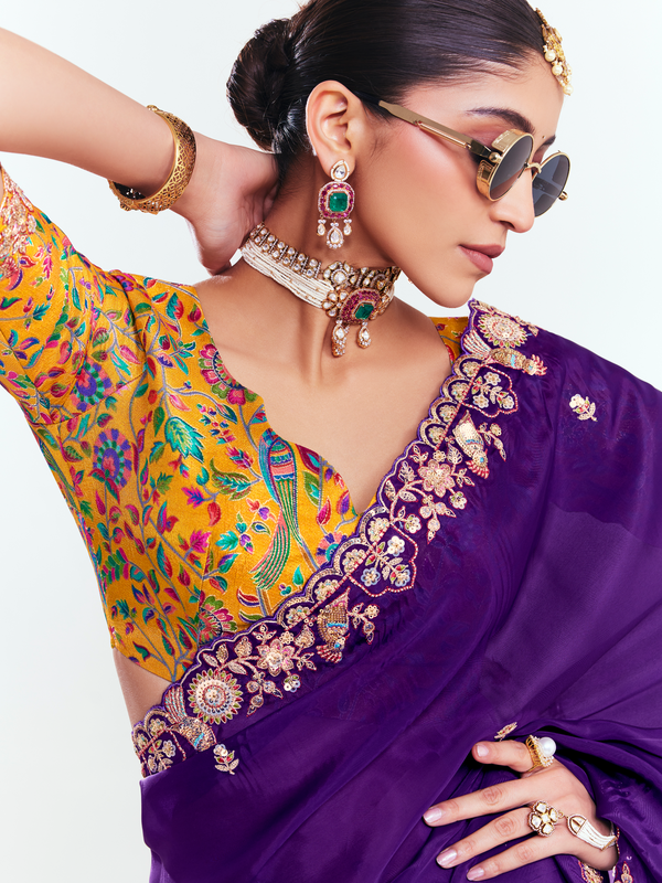 Royal Purple Satin Silk Saree With Contrast Blouse