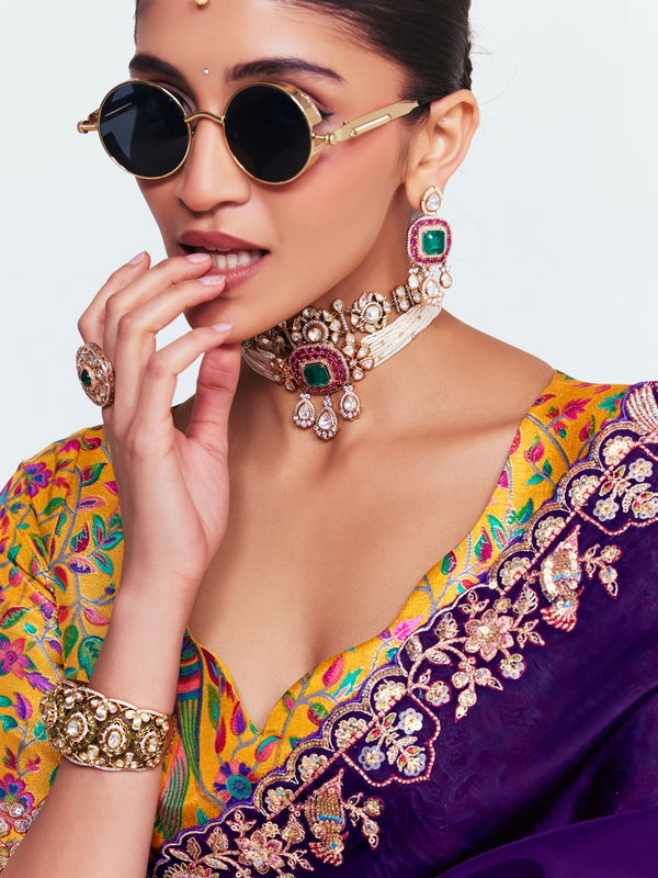 Royal Purple Satin Silk Saree With Contrast Blouse
