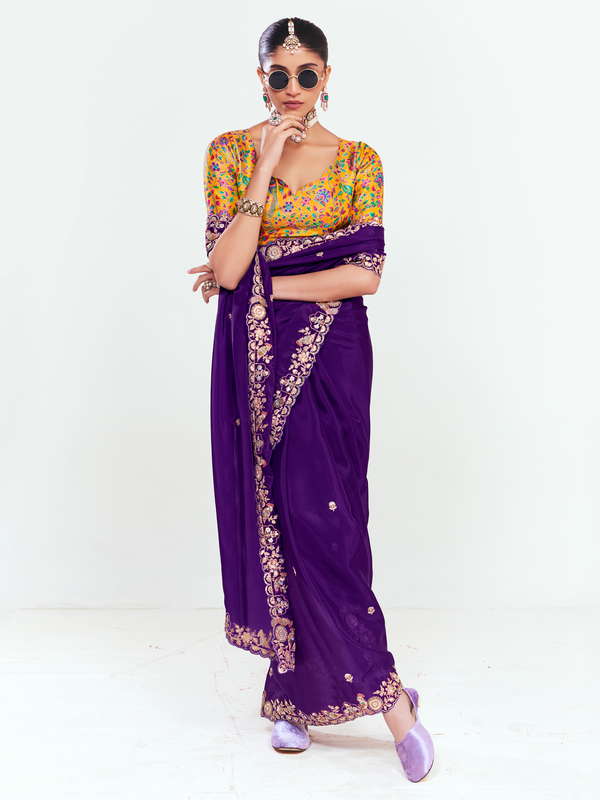 Royal Purple Satin Silk Saree With Contrast Blouse