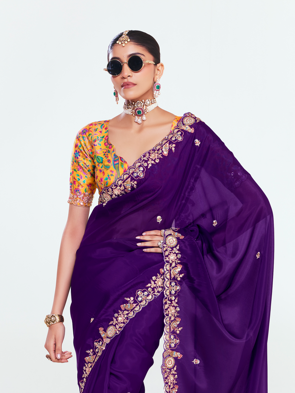 Royal Purple Satin Silk Saree With Contrast Blouse