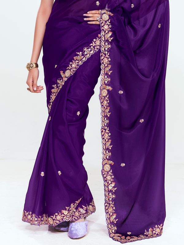 Royal Purple Satin Silk Saree With Contrast Blouse