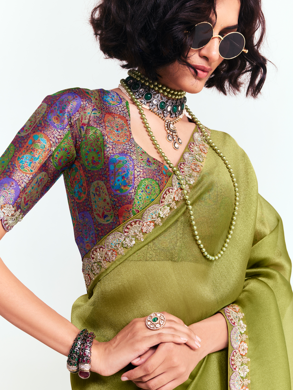 Olive Green Satin Silk Saree With Contrast Blouse