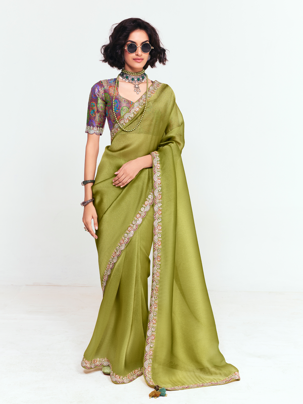Olive Green Satin Silk Saree With Contrast Blouse