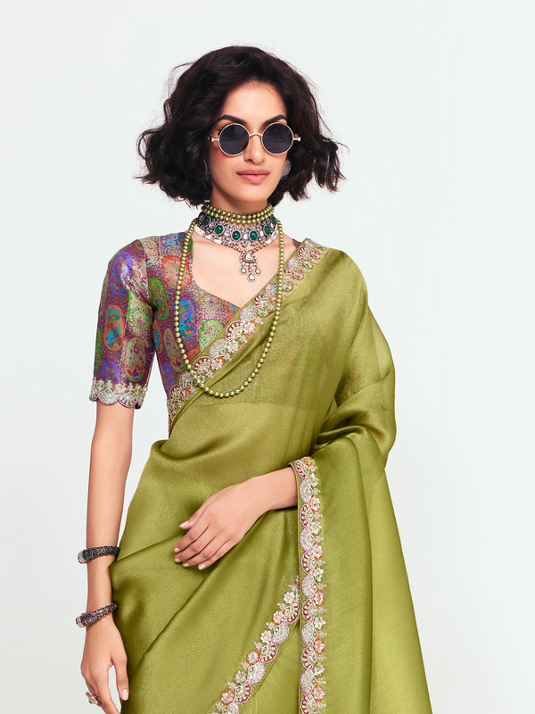Olive Green Satin Silk Saree With Contrast Blouse