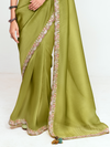 Olive Green Satin Silk Saree With Contrast Blouse