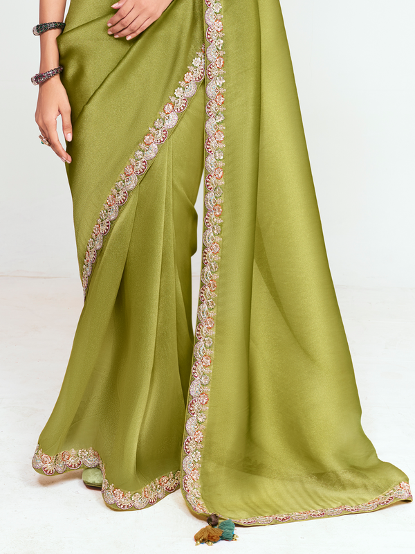 Olive Green Satin Silk Saree With Contrast Blouse