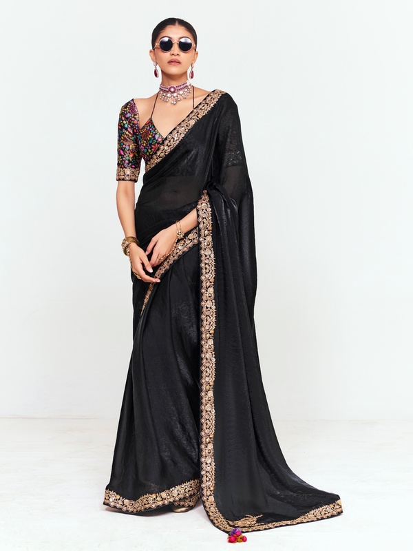 Black Tissue Silk Saree With Contrast Blouse
