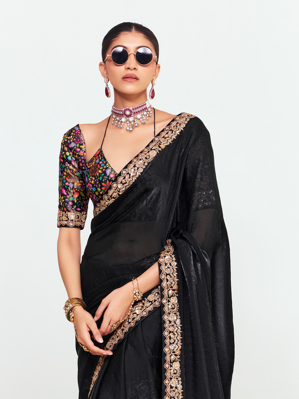 Black Tissue Silk Saree With Contrast Blouse