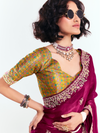 Wine Satin Silk Saree With Contrast Blouse