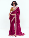 Wine Satin Silk Saree With Contrast Blouse