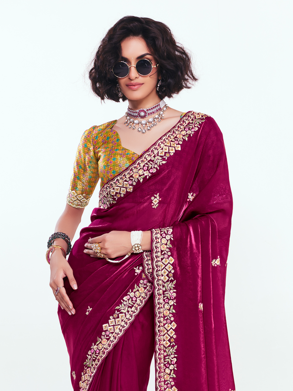 Wine Satin Silk Saree With Contrast Blouse