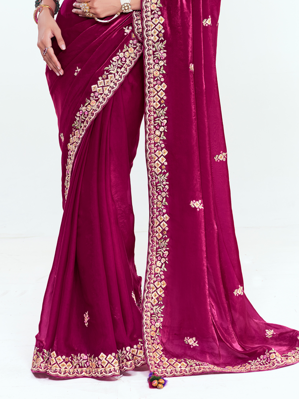 Wine Satin Silk Saree With Contrast Blouse