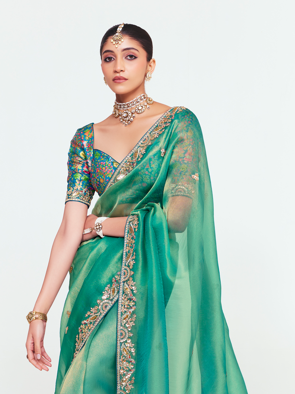 Sea Green Organza Silk Saree With Contrast Blouse
