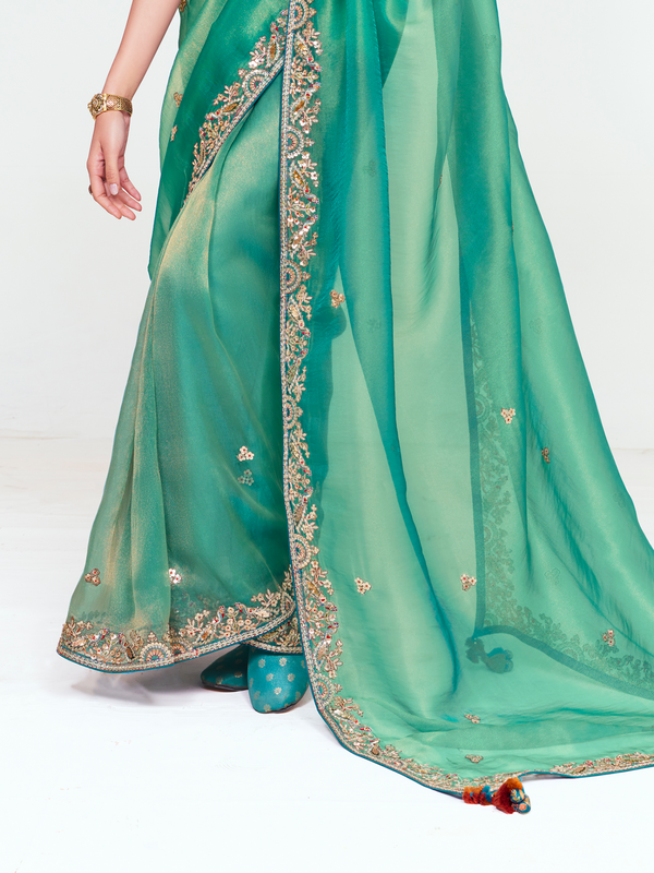 Sea Green Organza Silk Saree With Contrast Blouse