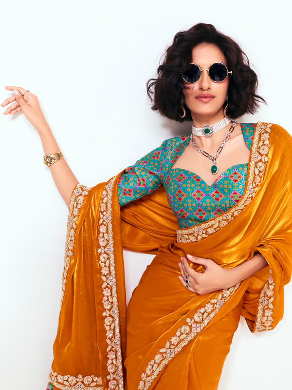 Saffron Orange Satin Silk Saree With Contrast Blouse