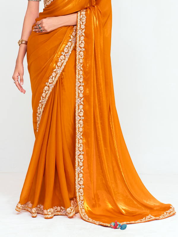 Saffron Orange Satin Silk Saree With Contrast Blouse